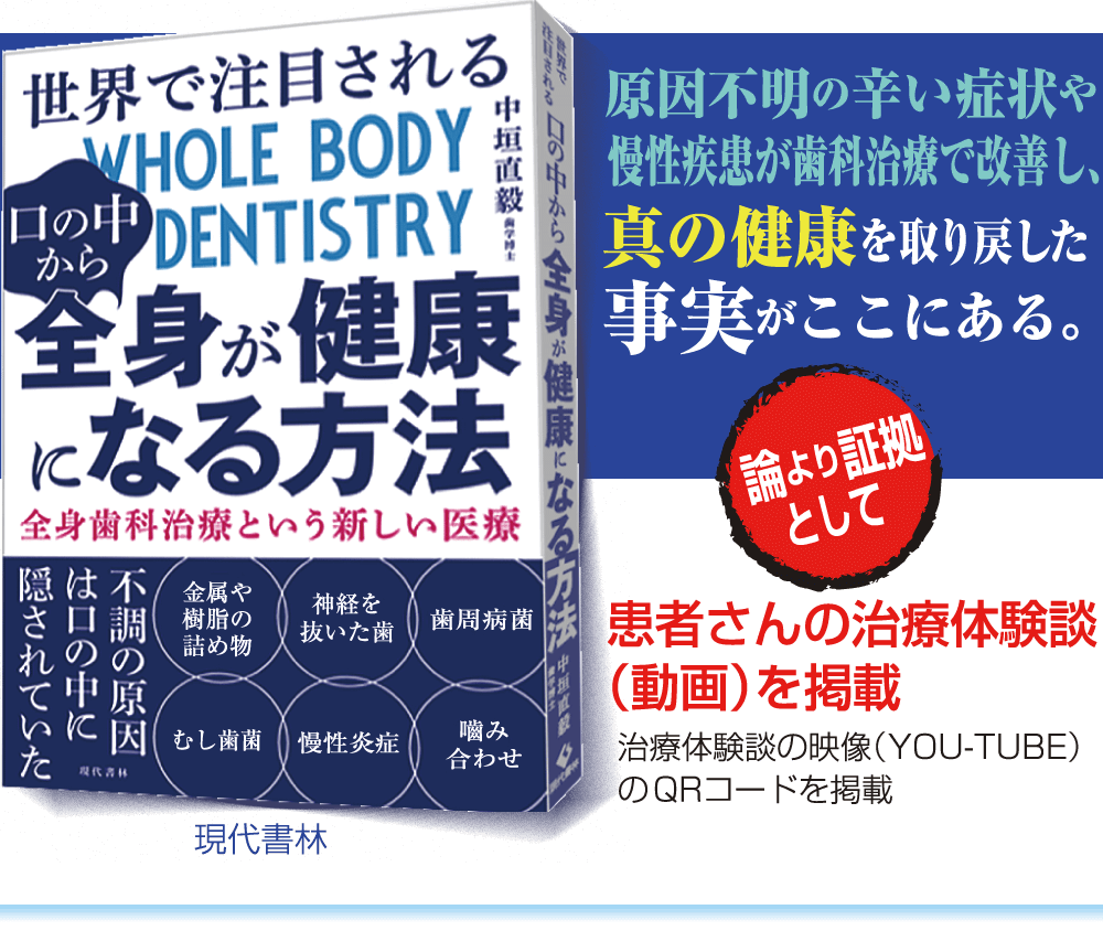 原因不明の辛い症状や慢性疾患が歯科治療で改善し、真の健康を取り戻した事実がここにある。（治療体験談の映像（YOU-TUBE）のQRコードを掲載）