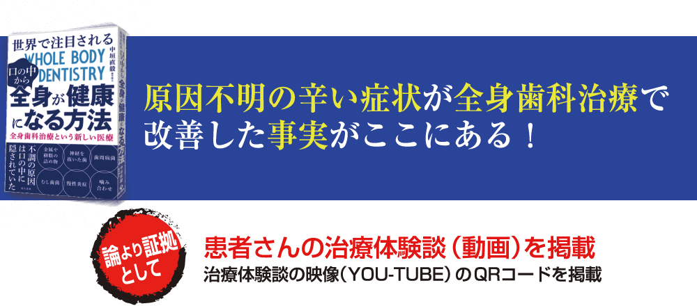 原因不明の辛い症状が全身歯科治療で改善した事実がここにある！ 患者さんの治療体験談（動画）を掲載治療体験談の映像（YOU-TUBE）のQRコードを掲載